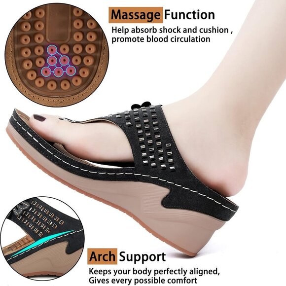 Women Wedge Sandals Flip Flops Cushion Footbed Rubber Sole Summer Shoes - Picture 3 of 7